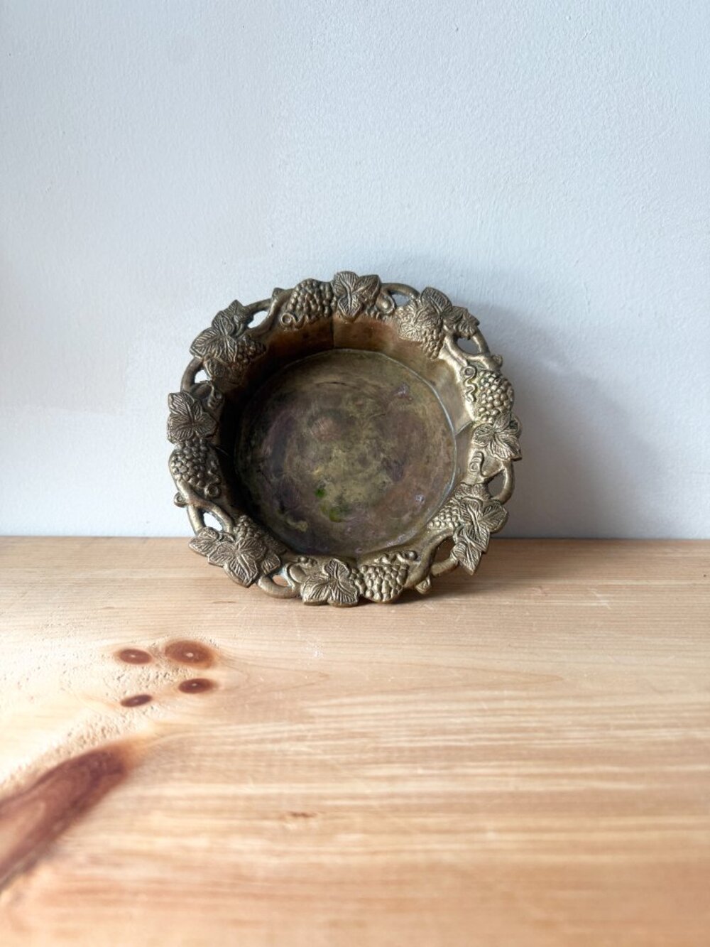 Vintage Solid Brass Grapevine Bowl | Openwork Leaf Catchall Dish with Patina